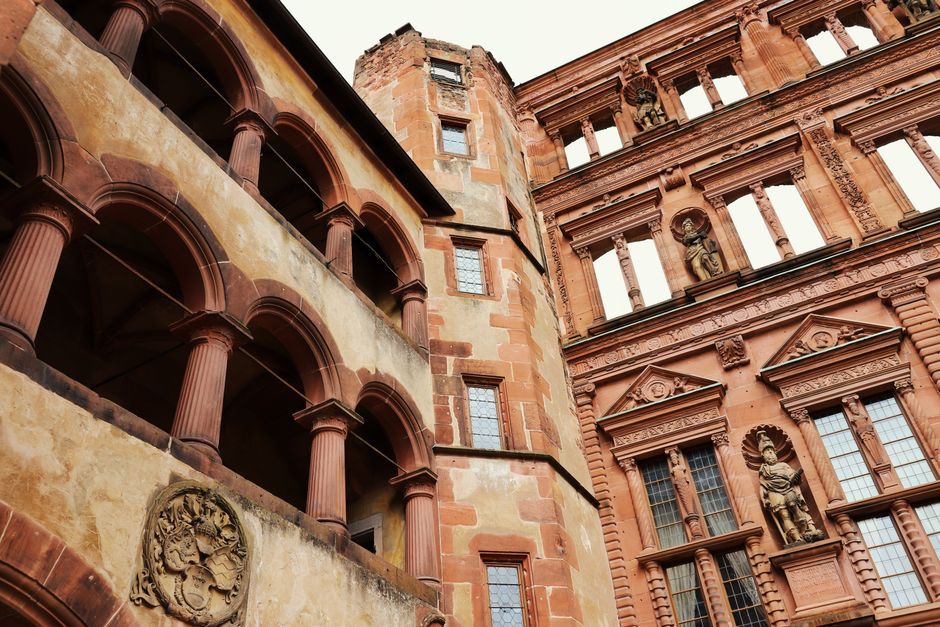 Close-up of Heidelberg Castle's intricate facade showcasing Gothic and Renaissance architecture.